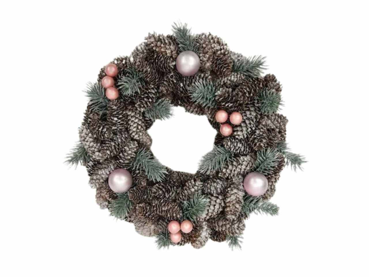 Corona bacche rosa e pigne in pe d28cm h6.5cm