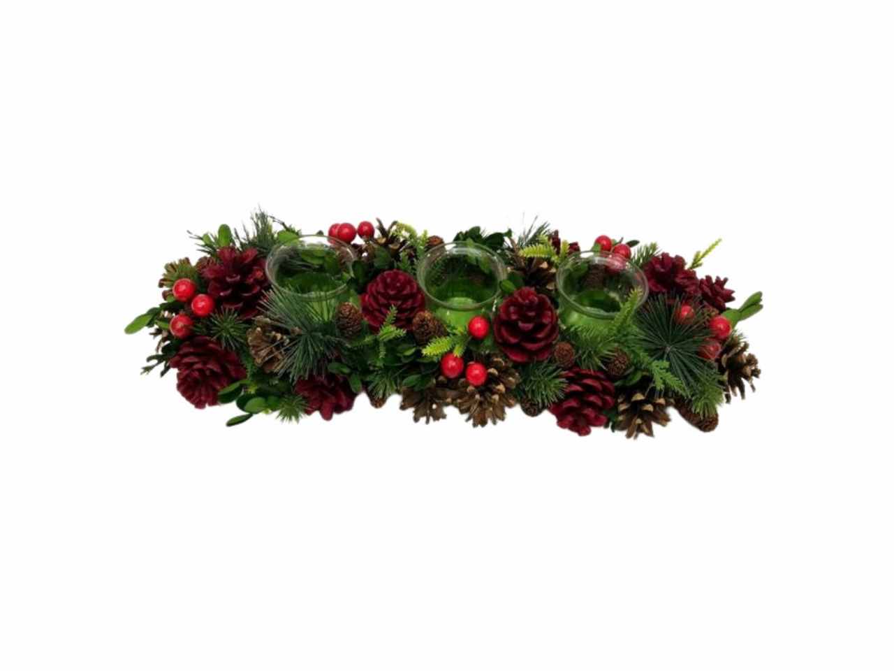 Portacandele 3vetro rett.pigne/bacche/juta verde 42cmx16cmx8cm