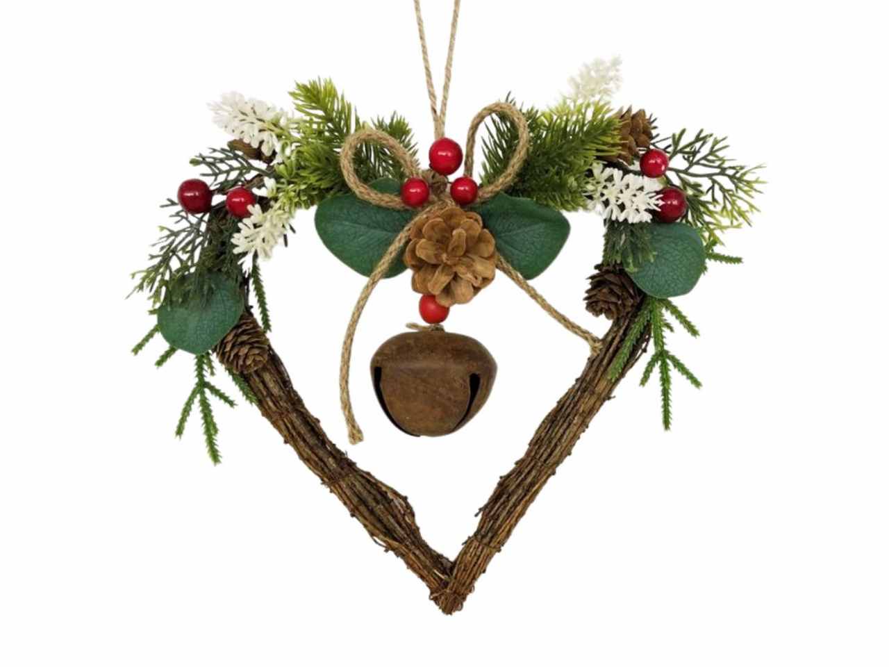 Corona cuore con decorazioni pigne/bacche/foglie/campana d:25x25x6cm