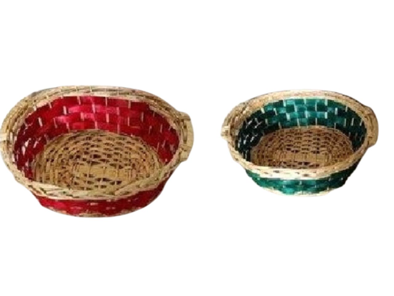 Cesto ovale in legno con maniglie misura 49x40xh.13cm con fascia colore rosso e verde