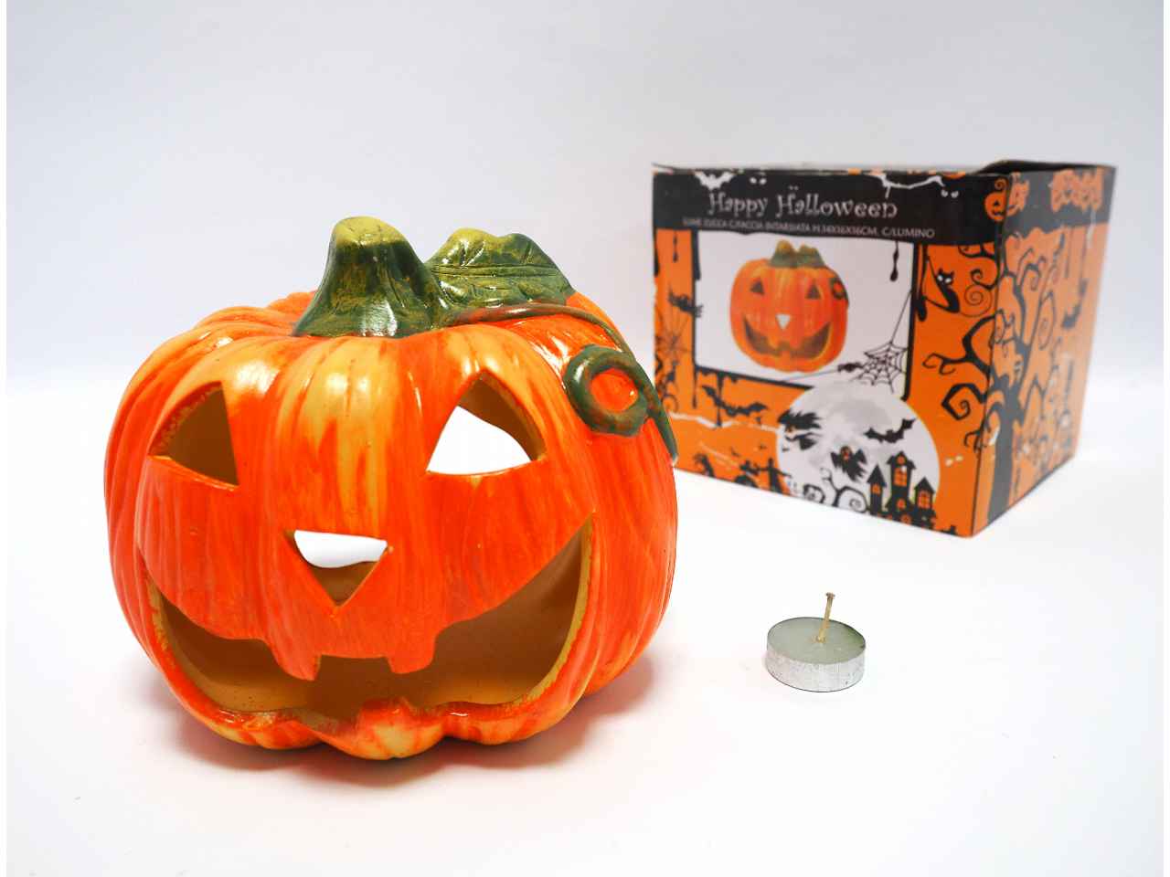 lume zucca media con faccia intarsiata e lumino h.14x16x16cm