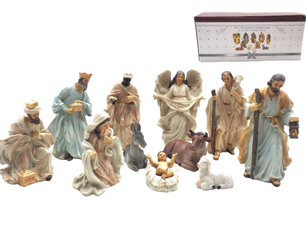 Soggetti per presepe 12pz h.15-11cm colore tenue