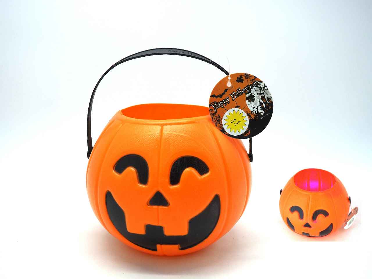 Secchiello zucca in plastica con luce h.14xd.16cm