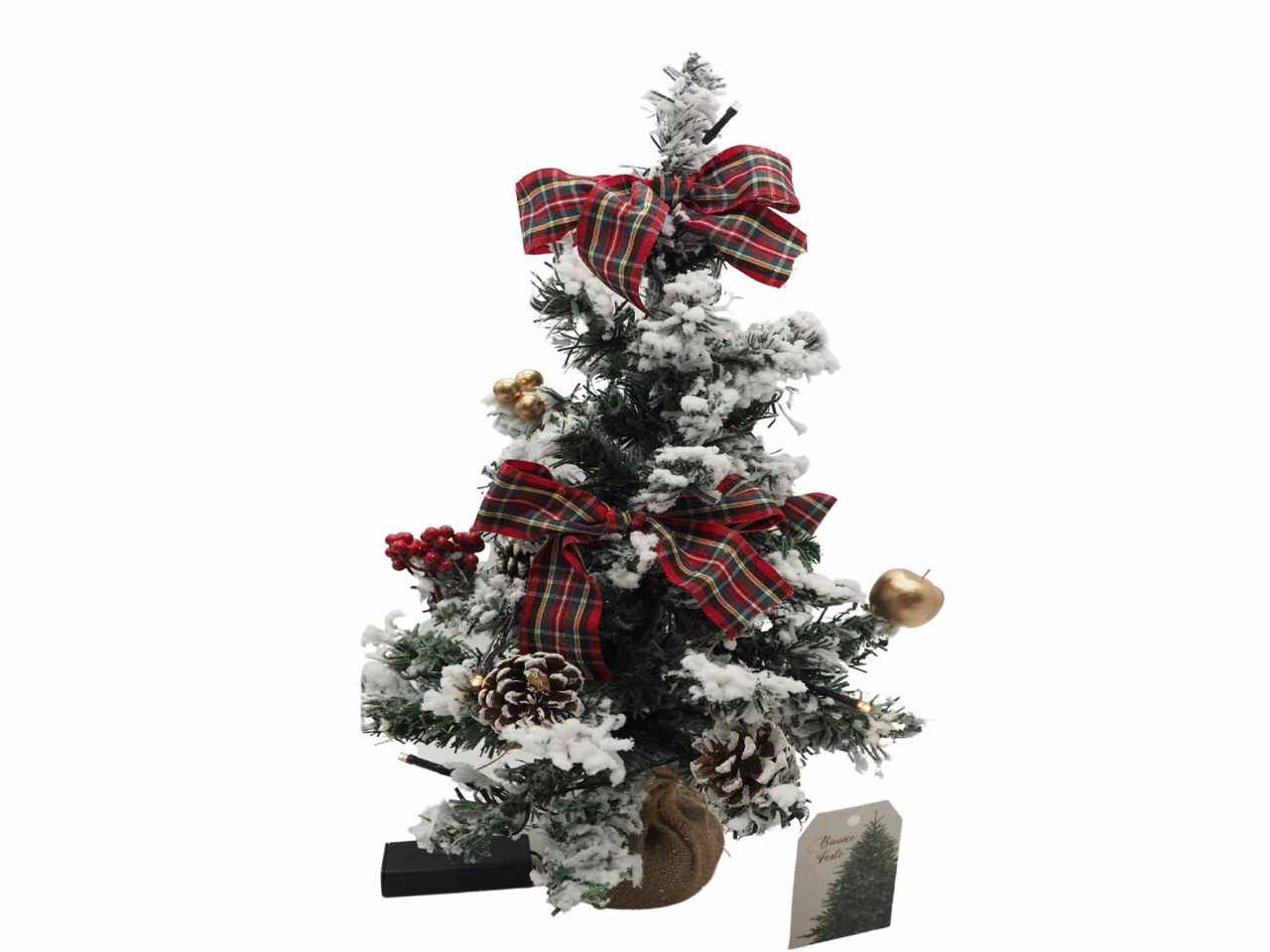 albero pino innevato con luci e con decorazioni e applique con 15 led e base in juta misura h.44cm piu' nastri
