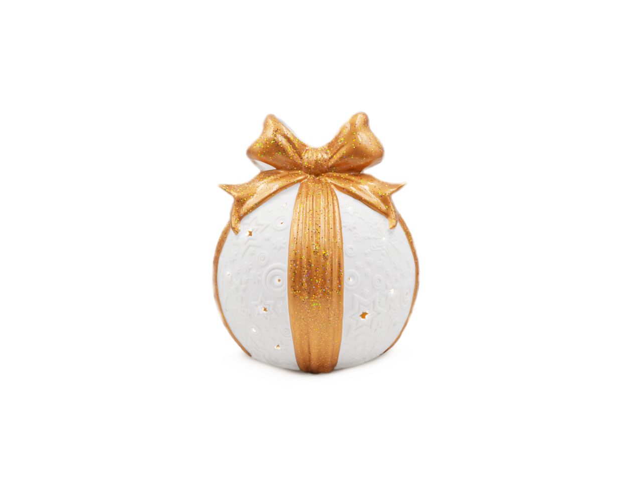 Palla con fiocco colore oro in ceramica con luce misura 13cm