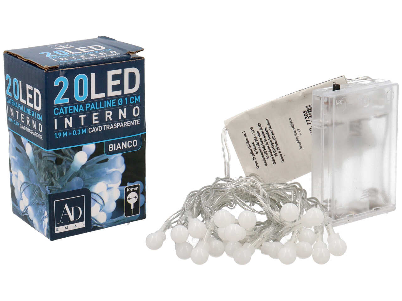 Catena luci 20 palline led bianco freddo diametro 1cm, cavo trasparente 1,9+0,3m. uso interno e funzionamento a battera 3AAx1,5V .
