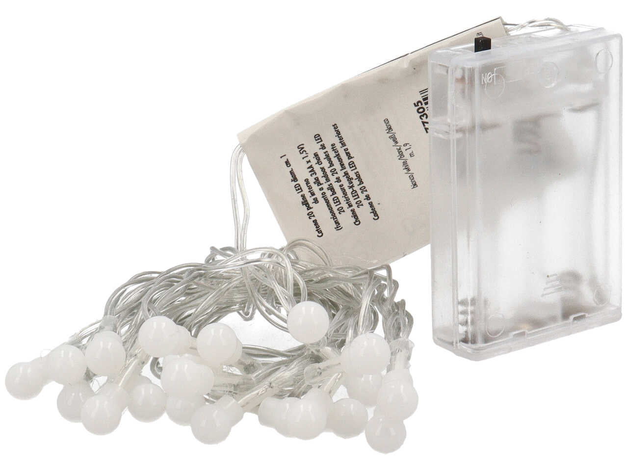 Catena luci 20 palline led bianco freddo diametro 1cm, cavo trasparente 1,9+0,3m. uso interno e funzionamento a battera 3AAx1,5V .