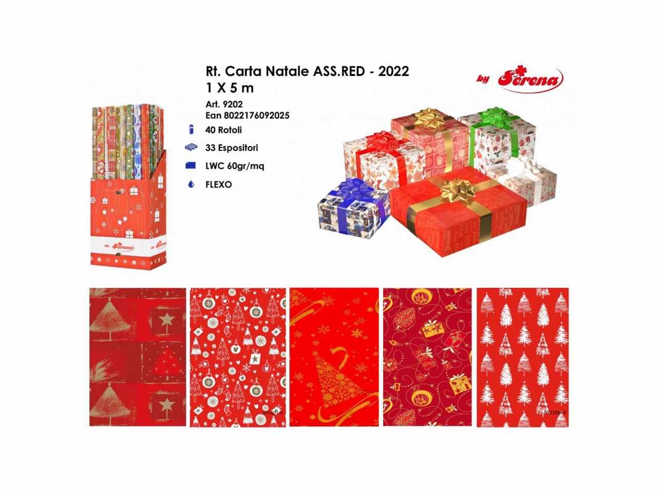 Rotolo carta da regalo natalizia assortita rossa 1x5mt