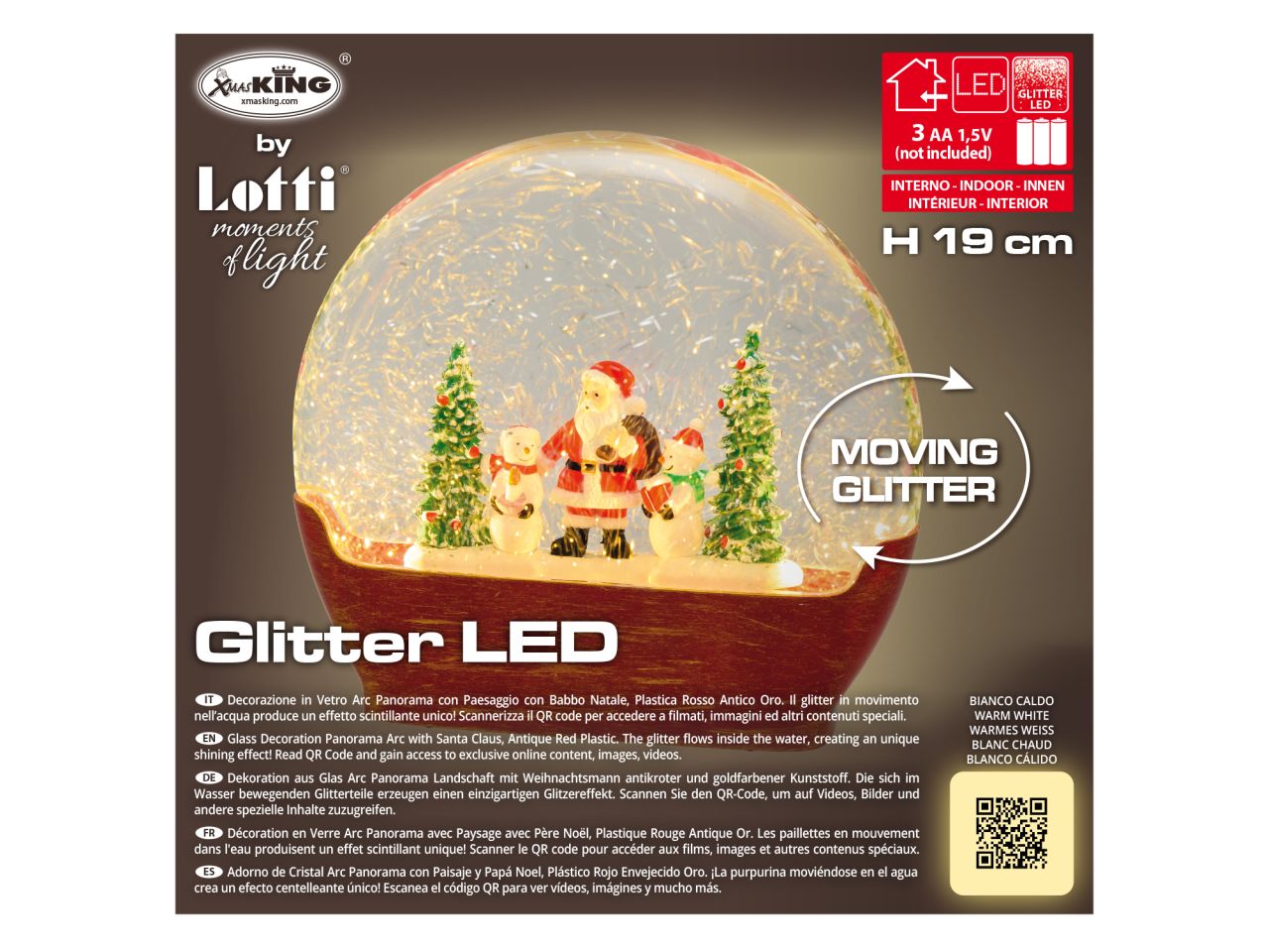 Decorazione in vetro panorama con paesaggio e babbo natale misura h.19cm con luci led effetto scintillante per uso interno
