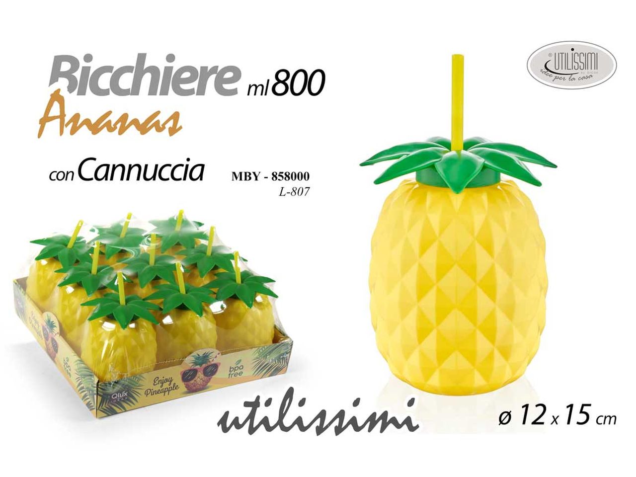 Bicchiere ananas con cannuccia per cocktail capacita' 800ml misura 12x25cm