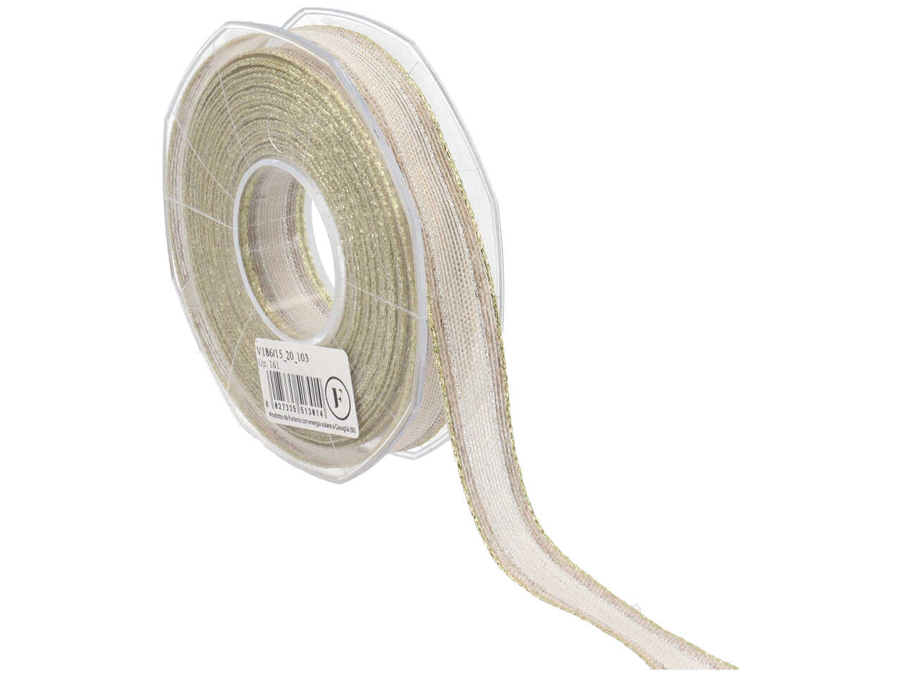 nastro baccarat 25mm 20mt fine e brillante con bordi velati rame e fascia centrale in lino.