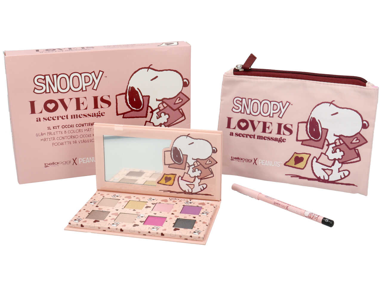 Bellaoggi peanuts pochette love is a secret message contiene 1 matita occhi e una palette da 8 ombretti