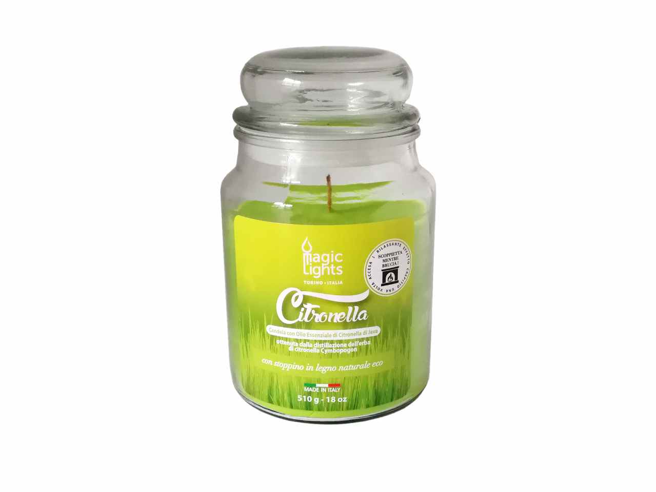 Candela alla citronella giara da 510gr dimensioni d.9,7xh16cm con stoppino ecologico in legno