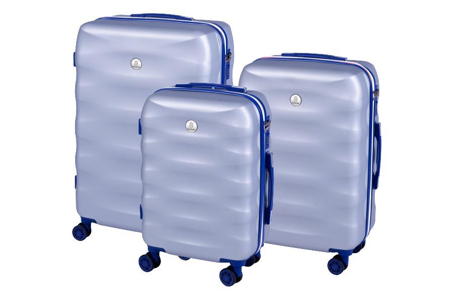 Set di trolley modello monaco colore argento e blu in abs con 4 doppie ruote, sacca a rete, elastico ferma indumenti e cerniera singola - il set è composto da 3 trolley