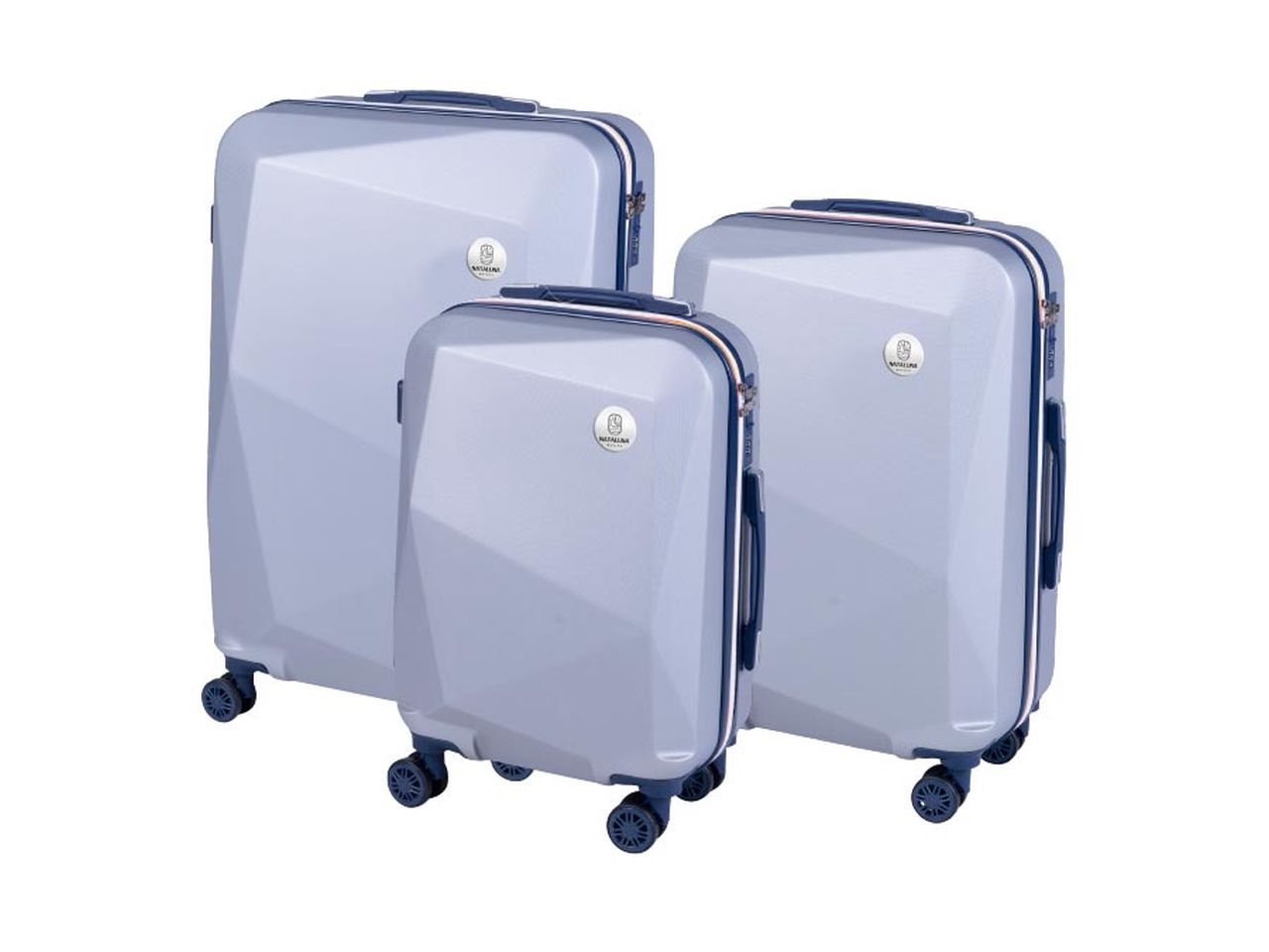 Set 3 trolley style argento e blu scuro con abs, 4 doppie ruote, sacca a rete, elastico ferma indumenti e cerniera singola