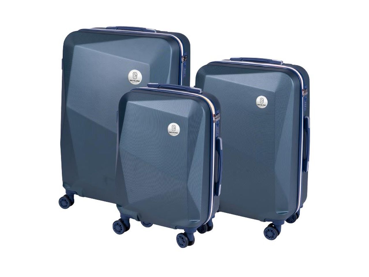 Set 3 trolley style verde e blu scuro con abs, 4 doppie ruote, sacca a rete, elastico ferma indumenti e cerniera singola