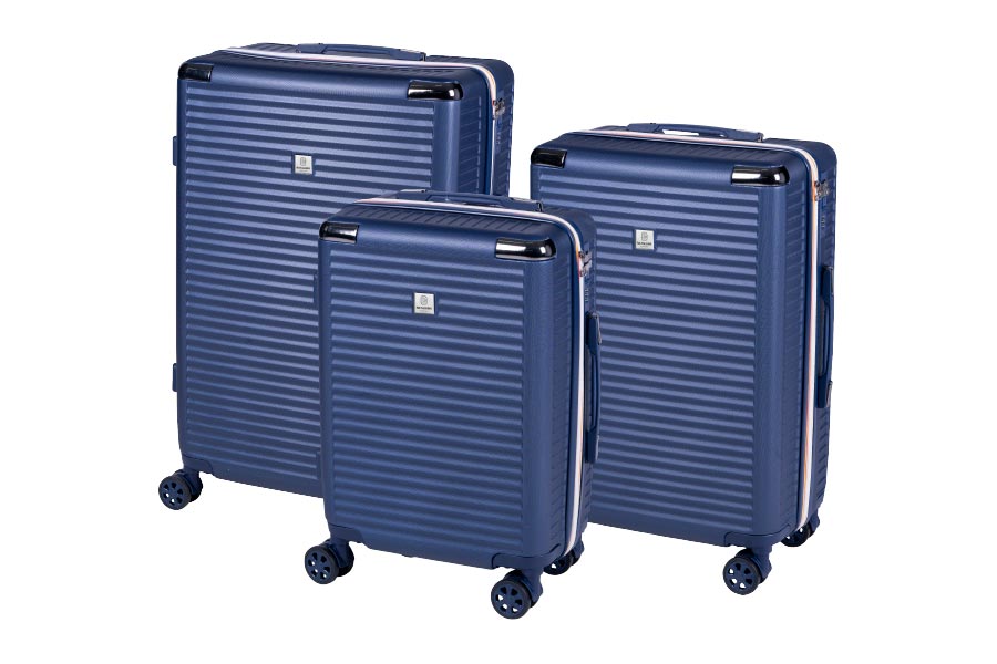 Set di trolley modello voyager colore blu in abs con 4 doppie ruote , sacca a rete , elastico ferma indumenti e cerniera singola - il set è composto da 3 trolley