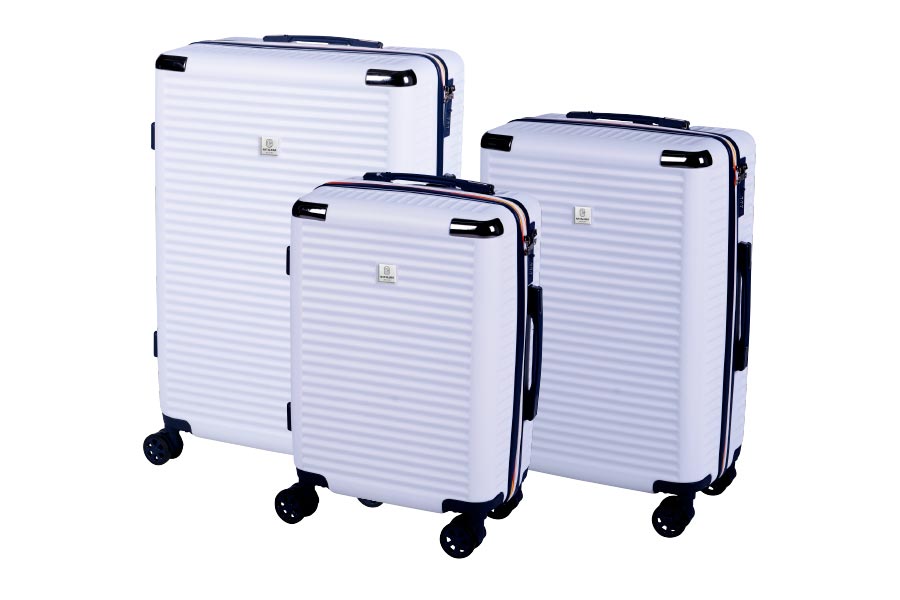 Set di trolley modello voyager bianco e blu in abs con 4 doppie ruote , sacca a rete , elastico ferma indumenti e cerniera singola - il set è composto da 3 trolley