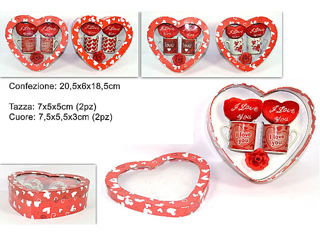 Coppia tazzine con peluche cuore in 4 assortimenti