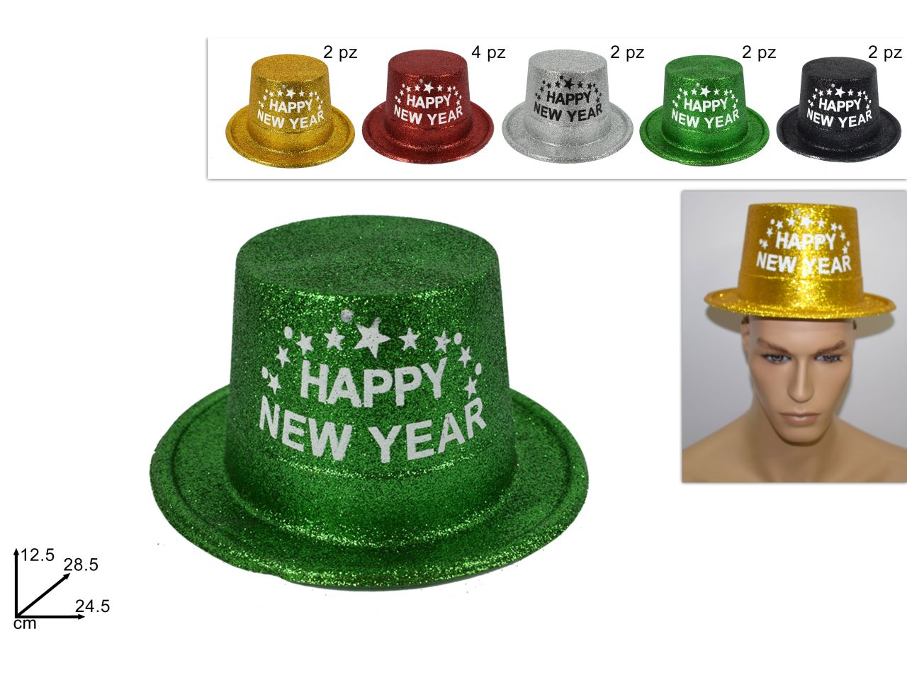 Cappello a cilindro glitterato con scritta happy new year in 5 colori assortiti