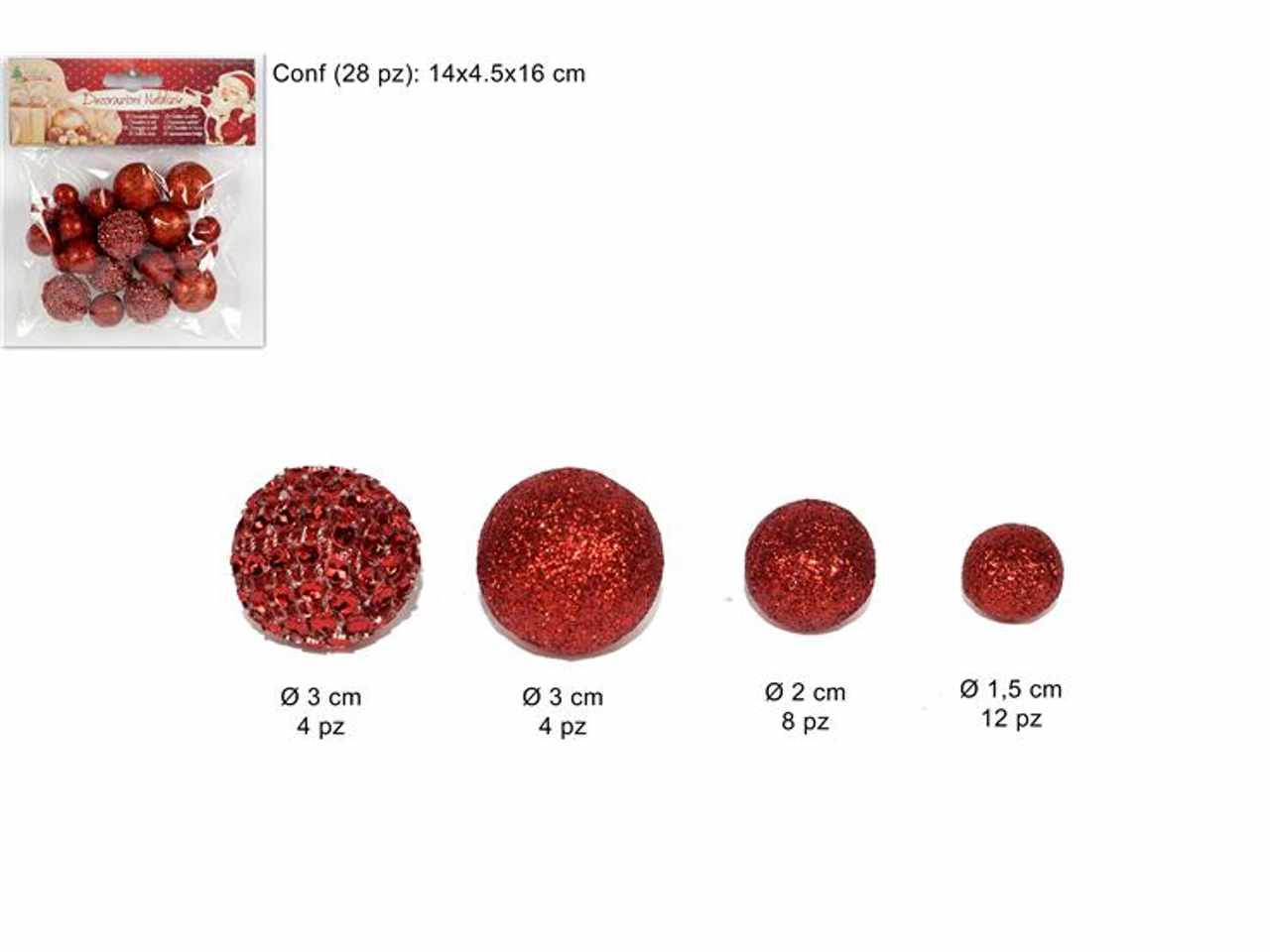 Palline 28 pezzi glitterate con strass rosso misure assortite