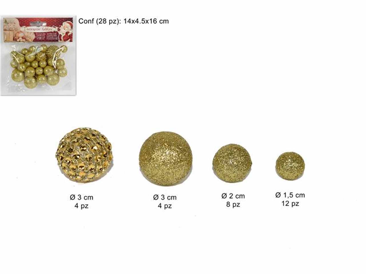Palline 28 pezzi glitterate con strass oro misure assortite