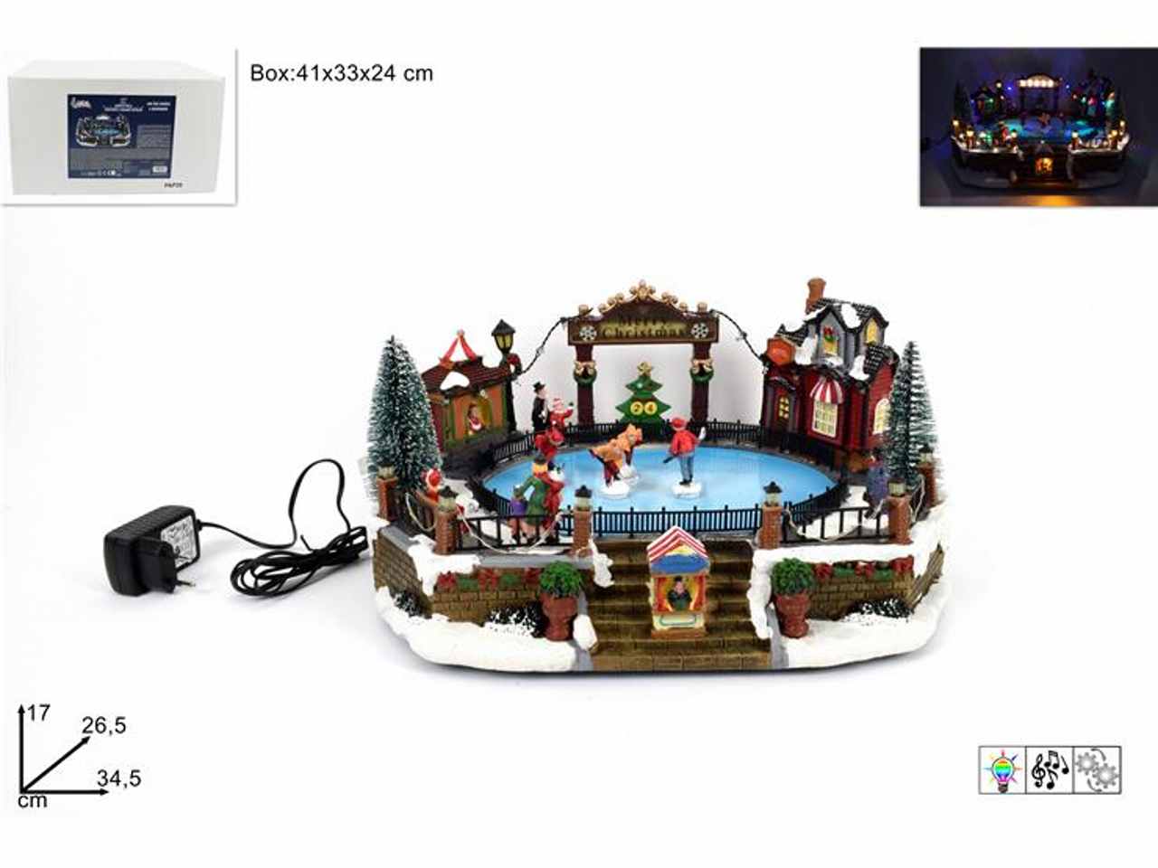 Giostrina natalizia pista pattinaggio musica luci movimento con adattatore 17x26,5x34,5cm