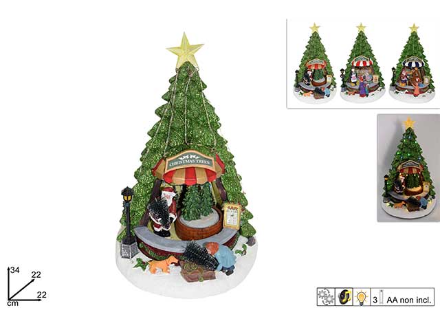 Giostrina natalizia albero con babbo natale con luci movimento e suono batteria 34x22x22cm