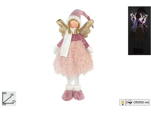 angelo 60cm con abito e cappello in velunghezza rosa e luci