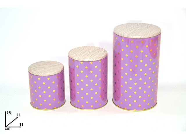 Barattolo latta 3 pezzi rosa pois cm002630