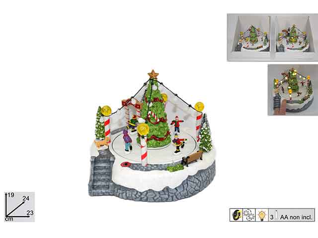 Giostrina natalizia pista pattinaggio con luci 18x22,5x22,5cm batteria