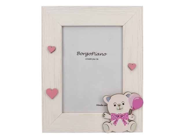 Porta foto 13x18 bianca c/orsetto rosa e cuori ol3788