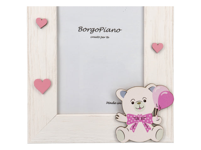 Porta foto 13x18 bianca c/orsetto rosa e cuori ol3788