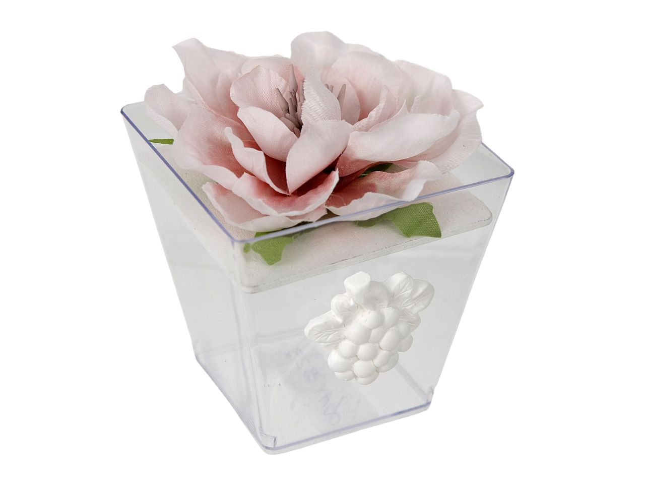 Scatola in pvc 7x7x7cm con peonia e gessetto uva colore fucsia