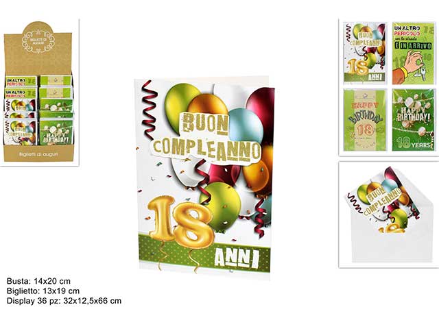 Biglietto compleanno per auguri diciottesimo compleanno con busta verde 13x19 cm