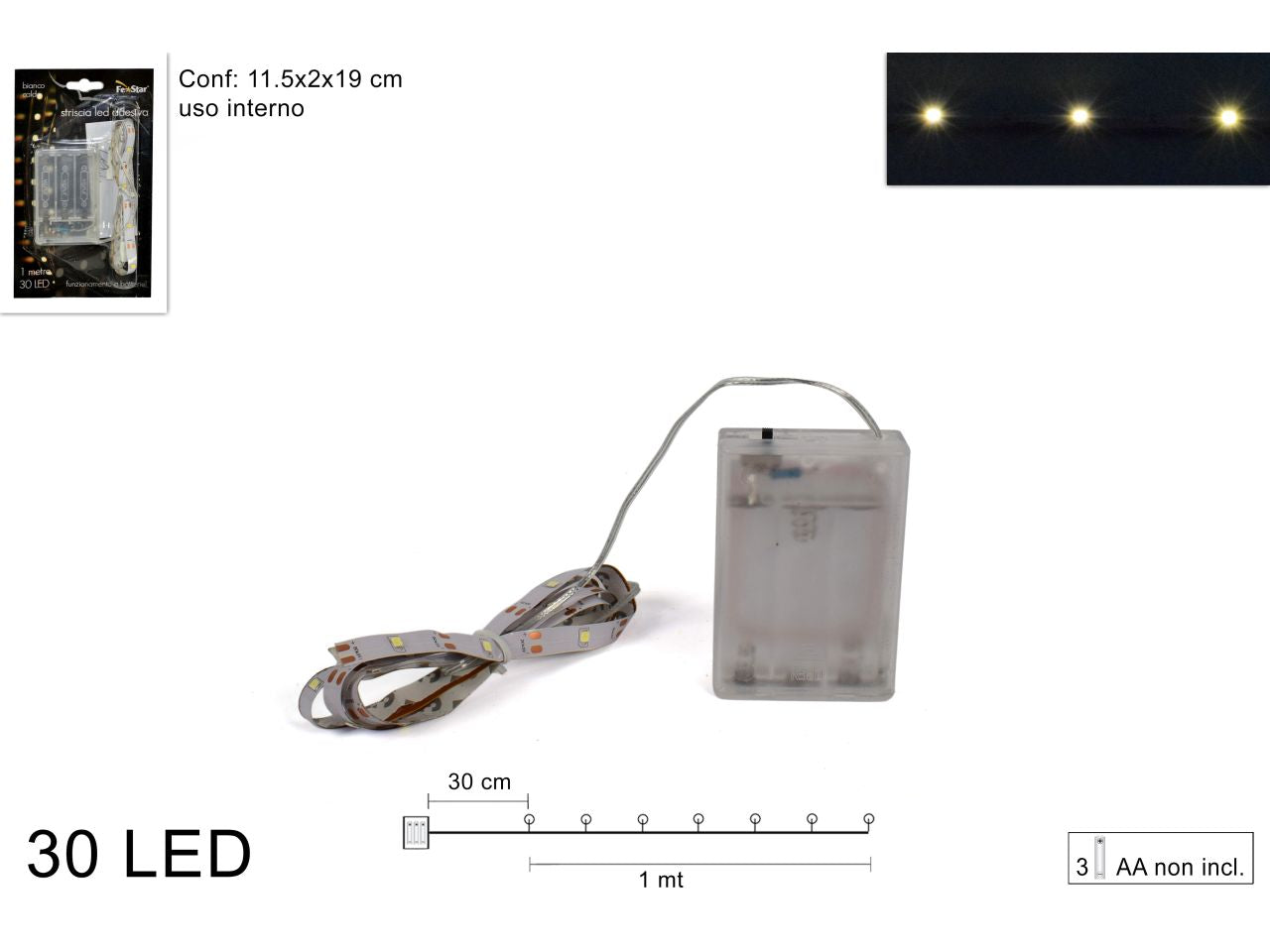 Striscia adesiva con 30 led lunghezza 1mt funzionamento a batteria luce bianca calda