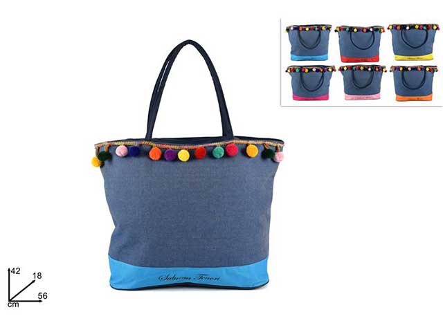borsa spiaggia jeans con pon pon in jeans