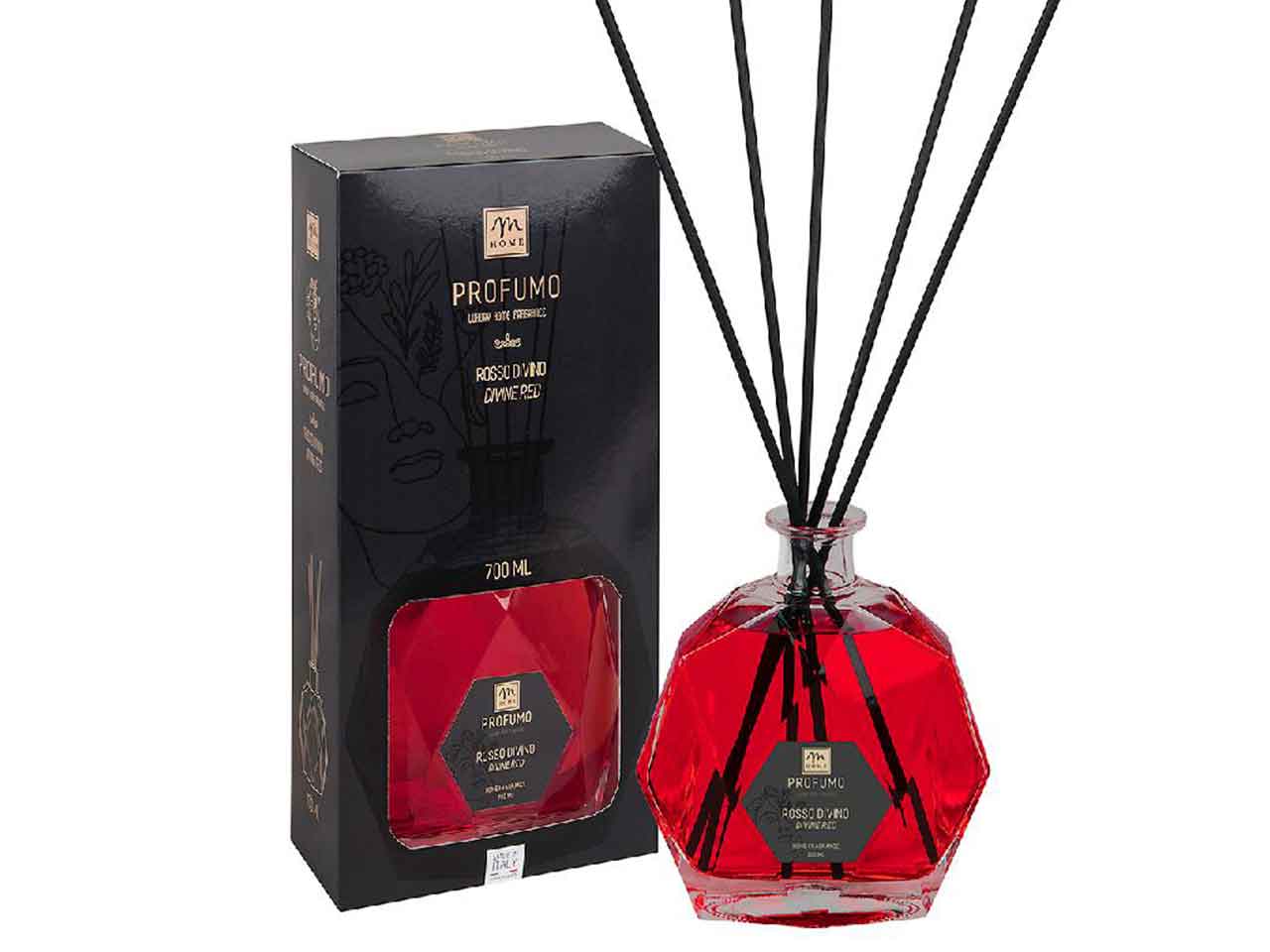 Diffusore di fragranza con  bottiglia esagonale 700ml rosso divino con bacchette e scatola regalo