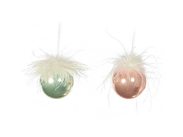 sfera vetro 8cm rosa e verde con piume 61942