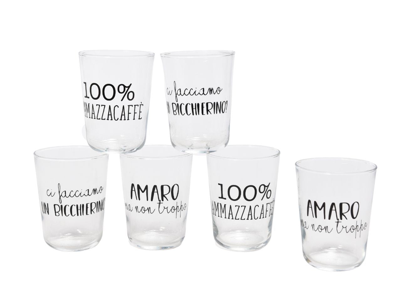 Bicchierini in vetro da liquore 120cc in set da 6 pezzi con scritte assortite in scatola regalo