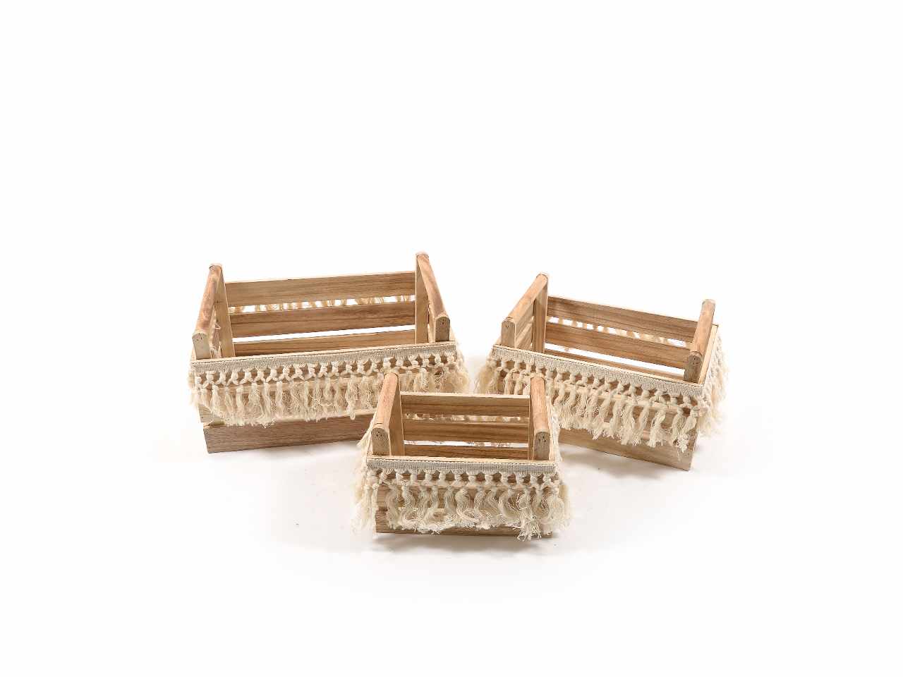 Cassette in legno con macrame' set da 3 pezzi 37x25xh.20cm - 30x20xh.18cm - 23x15xh.16cm