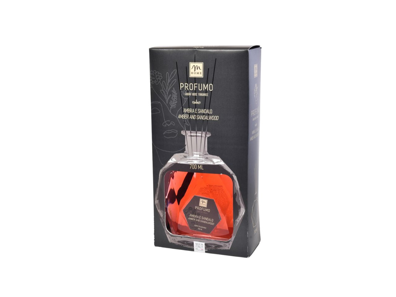 Diffusore di fragranza con bottiglia esagonale 700 ml ambra e sandalo con bacchetti e scatola regalo