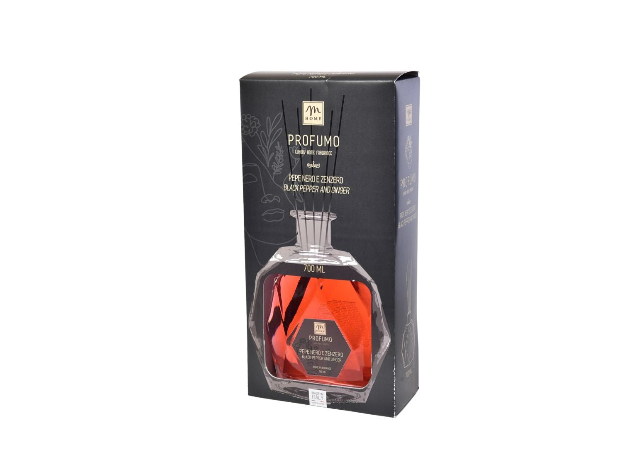 Diffusore di fragranza con bottiglia esagonale 700 ml pepe nero & zenzero con bacchetti e scatola regalo