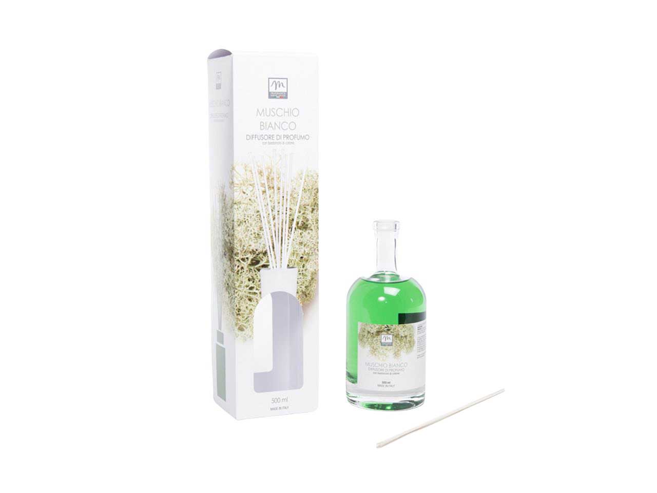 Diffusore di essenza 500 ml muschio bianco linea bouquet con bacchetti in cotone e scatola regalo