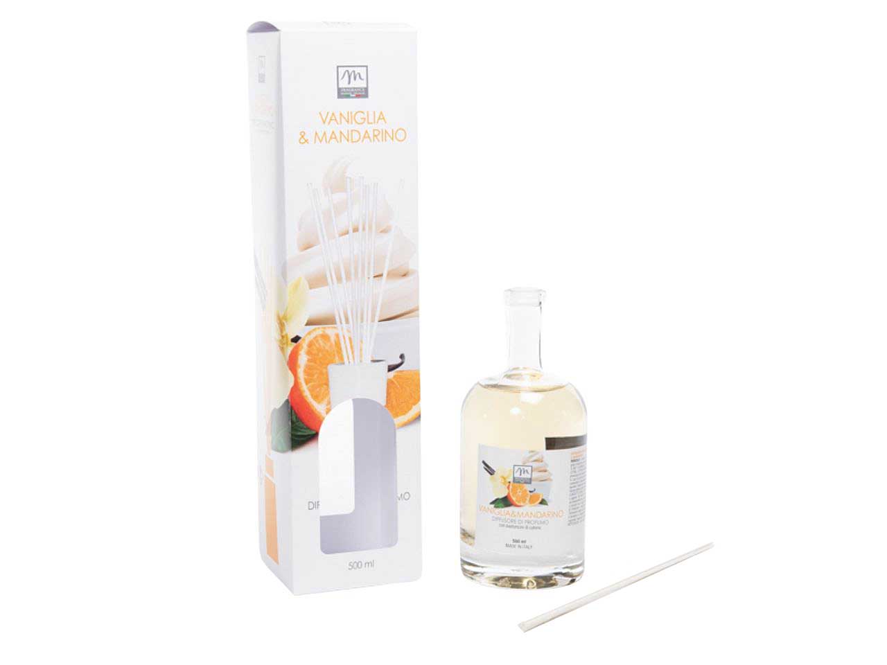 Diffusore di essenza 500 ml vaniglia & mandarino linea  bouquet con bacchetti in cotone e scatola regalo