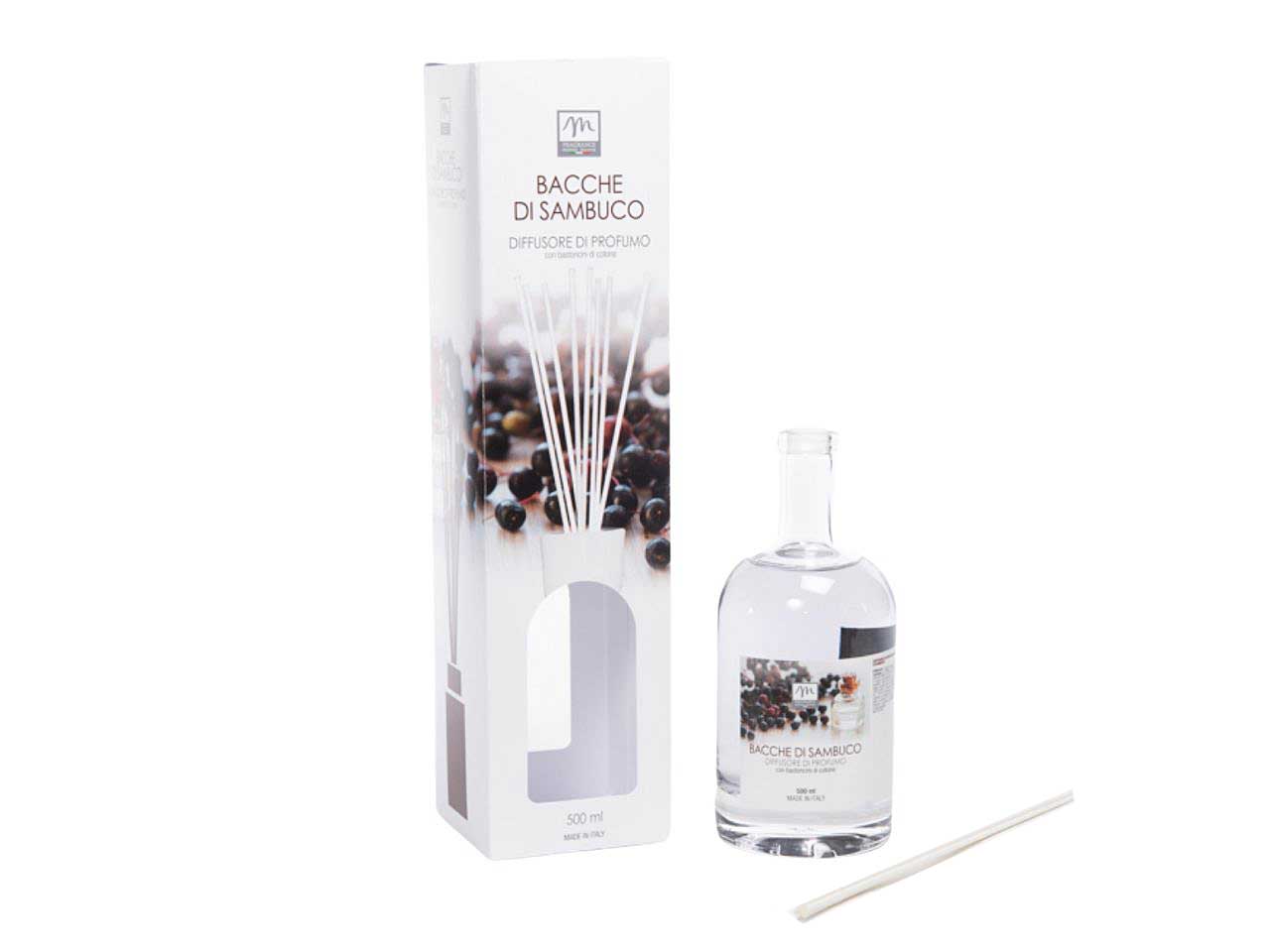 Diffusore di essenza 500ml bacche di sambuco linea bouquet con bacchetti in cotone e scatola regalo