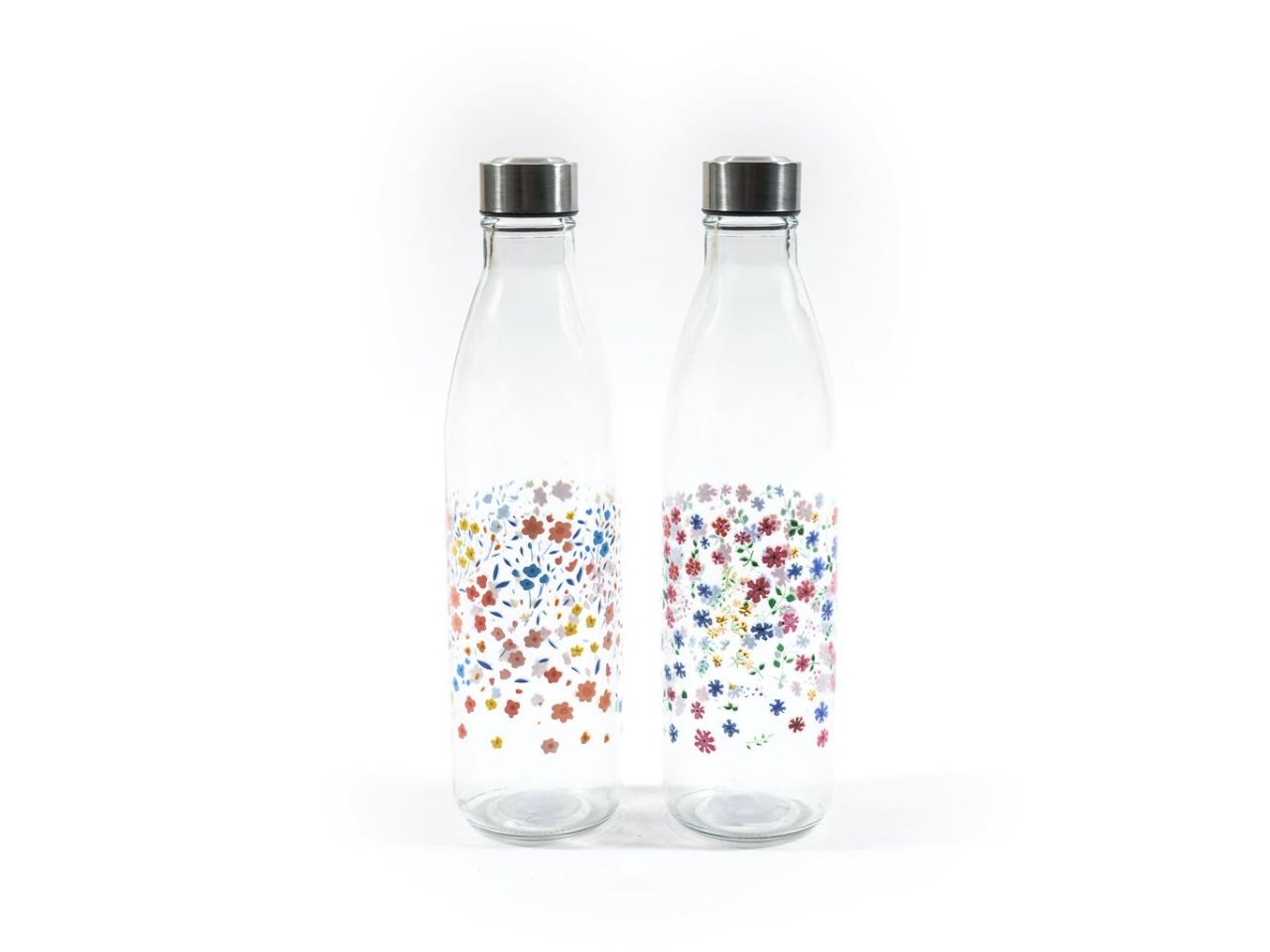 Bottiglia in vetro con tappo in acciaio d.8xh.31cm decori assortiti