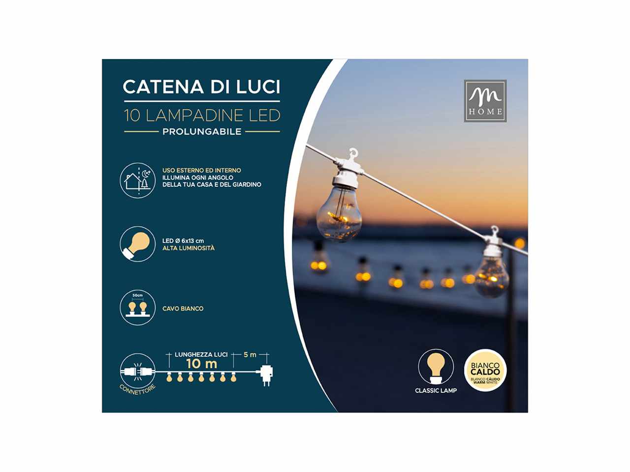 Lampadine bianco caldo da esterno prolungabile 10 lampade lunghezza 10m in scatola regalo