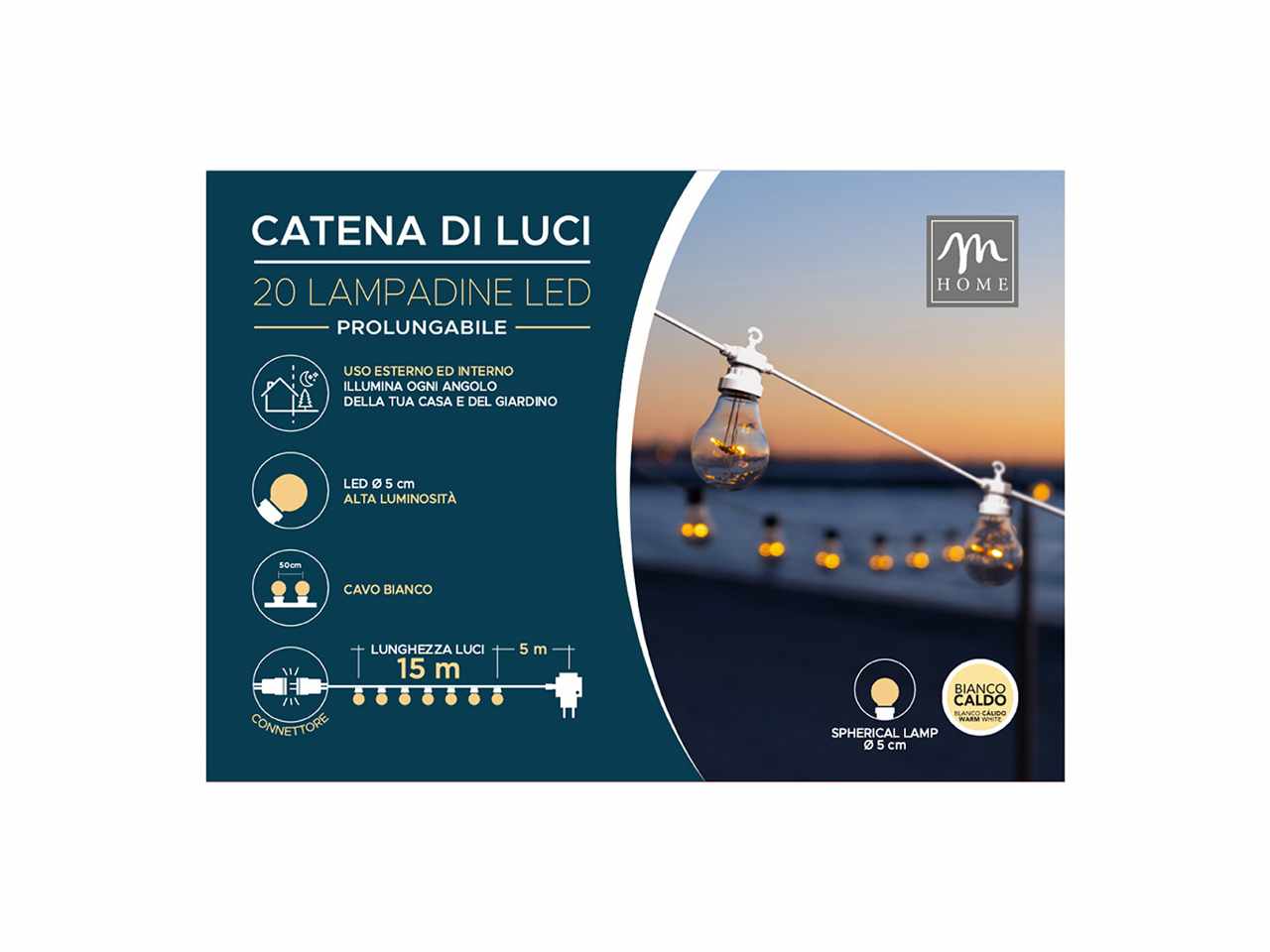 20 lampadine bianco caldo da esterno prolungabile lunghezza 15m in scatola regalo