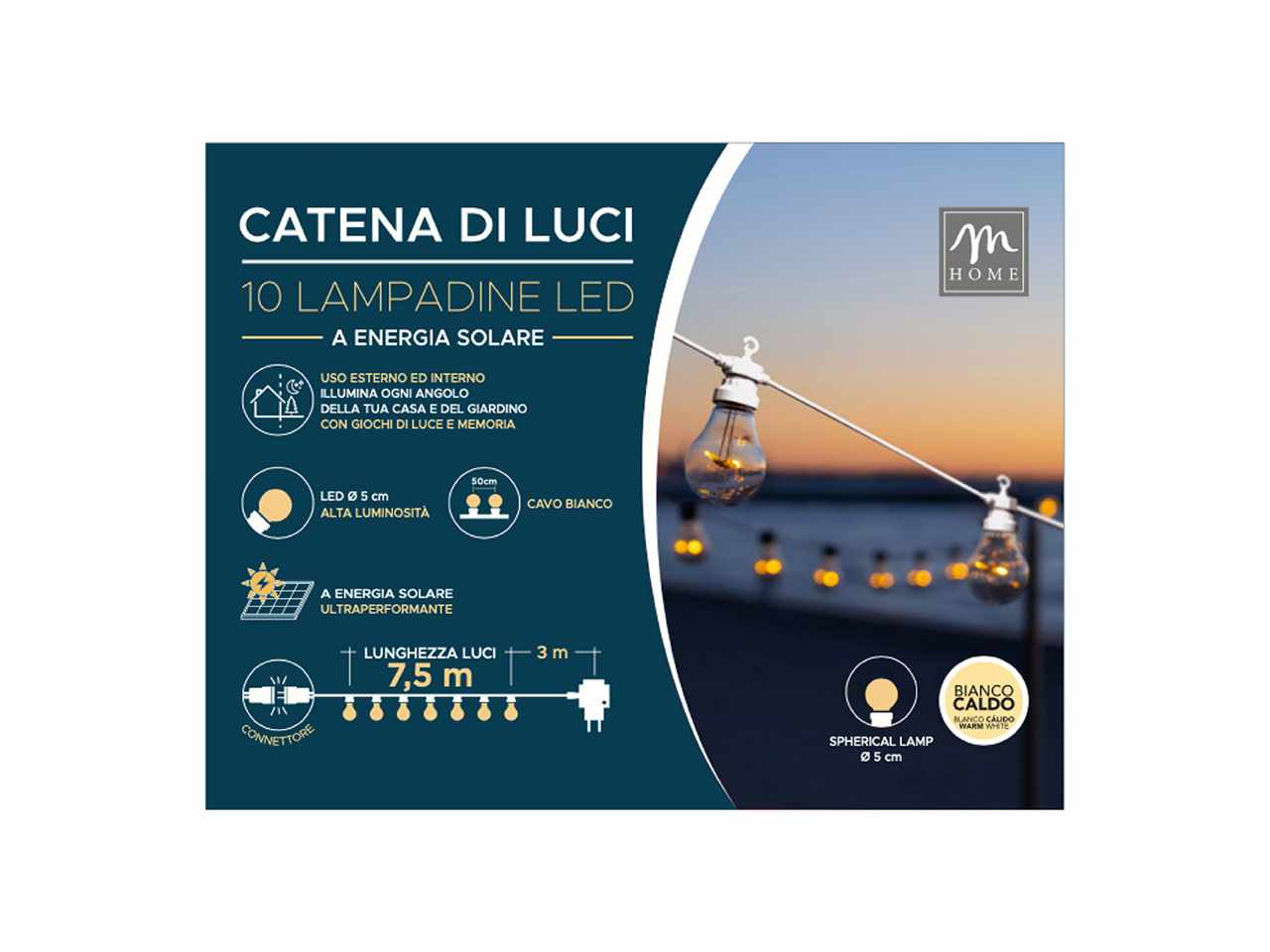 Luce solare 10 lampadine bianco caldo con giochi di luci e memoria lunghezza 7.5m in scatola regalo